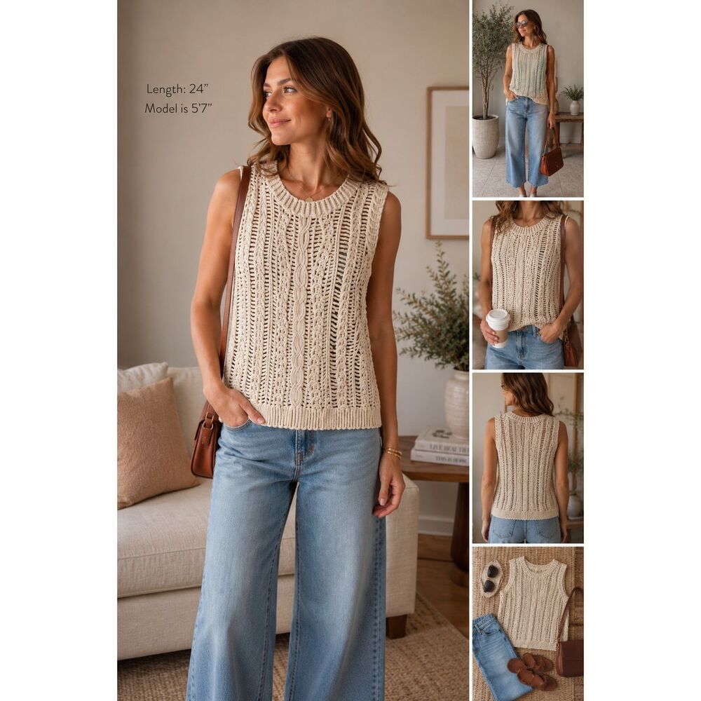 Solitaire boho crochet vest sz L layered festival neutral nautical versatile